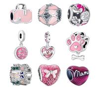 Acrobious 9PCS European Charms Beads Pendant For Bracelet, Charms for DIY Bracelets Necklace Jewellery Gift for Birthday Valentine's Day Party Christmas Mother's Day mom pink heart love butterfly