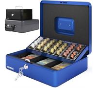 ACROPAQ 10005B Lockable Cash Box with Coin Counting Board, Large 24 x 30 x 9 cm, Lockable Box, Cash Box, Money Box Suitable for Money Storage, Blue