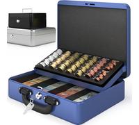 ACROPAQ Cash Box - Lockable, with Coin Counting Board, Large, 30 x 24.5 x 9 cm, with 2 Keys, Premium Housing - Cash Cash, Household Cash, Blue