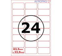 Acropaq Labels - 100 A4 Sheets - 2400 Adhesive White Labels (24 Per Sheet) (63.5 x 33.9mm) for Inkjet Laser Printers/Photocopiers