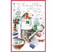 Across The Miles Christmas Card - Robin on Watering Can in Snow with Silver Foil 7.5x5.25"