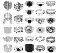Acruccen 28 Pcs Vintage Silver Punk Rings Set for Men Cool Gothic Chunky Rings Statement Skull Cross Signet Ring Set, Metal, No Gemstone