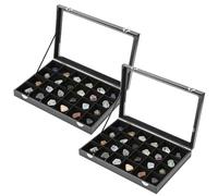 Acrux7 2 Pack Rock Collection Display Case, 24 Grid Rock Display Case, Black PU Leather Rocks Collection Box with Clear Glass Lid and Soft Velvet Grids for Collectibles, Gemstone, Crystal, Small Stone