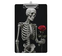 Acrylic A4 Clipboard 8.5 X 12.5 Inch - Double-Sided Pattern Design, Decorative Clip Board with Hanging Hole, Skeleton Holding A Red Rose Clipboard for Teacher, Nurse, Doctor