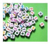 ACRYLIC BEADS: 100 white cubes with 6 mm coloured numbers