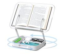 Acrylic Book Stand for Reading, Adjustable Book Holder with Storage, Foldable Desktop Riser Stand with 360° Rotating Bases and Elastic Page Clips, for Cookbook Recipe Tablets Laptops, up to 3 kg