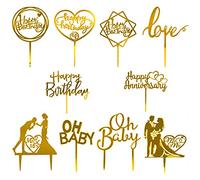 Acrylic Cake Topper, Happy Birthday Cake Decorations Cupcake Toppers Gold for Birthday Wedding Anniversary Baby Shower Theme Cake (10Pcs)