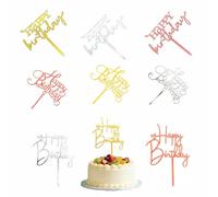 Acrylic Cake Toppers Set of 9 - Happy Birthday Cake Decorations with 3 Designs in Gold, Silver, Rose Red - Reusable Party Decor for Wedding, Anniversary, Cupcake Toppers