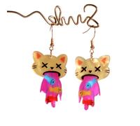 Acrylic Cat Dangle Earrings, Funny Vomiting Fish Cartoon Kitten Jewelry with Dizzy Face & Colorful Fish Swirl, Whimsical Pet Lover Accessories, Cute Novelty Statement Earrings for Daily Wear, Unique