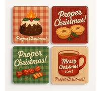 Acrylic Christmas Coaster Gift Set of 4 with British Xmas Designs - Proper Festive Cheer Home Décor for Holiday Gatherings