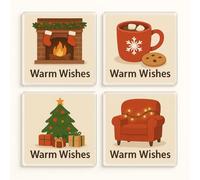 Acrylic Christmas Coaster Gift Set of 4 with Cosy Xmas Scenes - Hygge Hearths Holiday Decor for Festive Home Ambience
