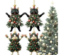 Acrylic Christmas Ornament, 4Pcs 2D Funny Hanging Christmas Cat Decorations, Adorable Cat Dressed as a Christmas Tree, Cat Gifts for Cat Lovers, Tree Cute Lovely Christmas Decoration