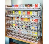 Acrylic Cigarette Display Holder - Wall Mounted Rack with Auto Pusher, Trapezoid Shelf Design, Clear 61.5X8X84CM, Perfect for Retail Store Shelving and Marketing.