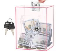 Acrylic Clear Piggy Bank for Adults, 15 x 12 x 20cm Rectangle Money Saving Box with Lock and Key Savings Jar for Storing Cash or Coin Large Capacity Money Box for Adults (Transparent Light Red)