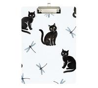 Acrylic Clipboard Black Cats Dragonfly White Decorative Clipboards for Classrooms, Restaurants, School A4 Standard Size Clip Board Low Profile Gold Clip Retractable Hanging Tab