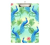 Acrylic Clipboard Blue Peacock Green Tropical Leaf Fashion Clipboard Paperboard Chic Design Clipboards for Women Men Office Supplies, A4 Letter Size 12.5 x 9 Inches Silver Clip