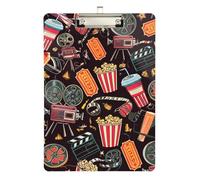 Acrylic Clipboard Classic Movie Night Popcorn Black Decorative Clipboards A4 Standard Size Clipboards Hardboard for Women Men Teachers Nurses, 12.5 x 9 Inches Silver Clip, Silver12x9in