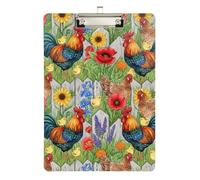 Acrylic Clipboard Colorful Rooster Flower Rustic Writing Board A4 Standard Size Clipboards Hardboard for Teachers, Students, Nurses, 12.5 x 9 Inches Silver Clip