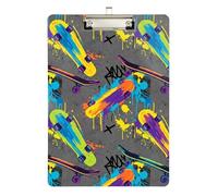 Acrylic Clipboard Cool Skateboard Tie Dye Gray Portable Clipboard Standard A4 Letter Size Clipboards for Students, Women, Man, 12.5 x 9 Inches Silver Clip