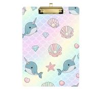 Acrylic Clipboard Cute Cartoon Narwhals Cute Clipboards for Nurses Teachers Coaches Travel Clipboards Low Profile Gold Clip Retractable Hanging Tab