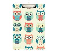 Acrylic Clipboard Cute Cartoon Owls Beige Portable Clipboards Standard A4 Letter Size Clipboards for Women Men Office Supplies, Low Profile Gold Clip Retractable Hanging Tab