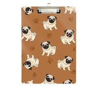 Acrylic Clipboard Cute Pug Dog Brown Writing Board for Classrooms, Restaurants, School Standard A4 Letter Size Clipboards Low Profile Silver Clip Retractable Hanging Tab