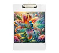 Acrylic Clipboard Dragonfly Flower Fashion Clipboards A4 Standard Size Clip Board for Teachers, Students, Nurses, Low Profile Gold Clip Retractable Hanging Tab 12.5 x 9 Inches