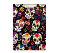 Acrylic Clipboard Floral Sugar Skull Black Cute Clipboard for Students, Women, Man A4 Standard Size Clip Boards Low Profile Silver Clip Retractable Hanging Tab
