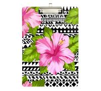 Acrylic Clipboard Hibiscus Pink Flowers Boho Decorative Clipboard for Classrooms, Restaurants, School Hardboard Clipboards Standard Size Low Profile Silver Clip Retractable Hanging Tab