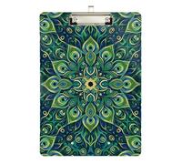 Acrylic Clipboard Peacock Feather Mandala Green Writing Board Wordpad Clipboards Standard Size for Teacher Student Lawyer Nurse, Low Profile Silver Clip Retractable Hanging Tab