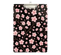 Acrylic Clipboard Pink Cherry Blossoms Black Decorative Clipboard Cute Decorative Letter Size Clipboards for Women Men Office Supplies, A4 Letter Size 12.5 x 9 Inches Silver Clip