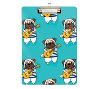 Acrylic Clipboard Pug Playing Guitar Cute Clipboard A4 Standard Size Clip Boards for Nurses, Lawyers, Doctor Offices, Low Profile Silver Clip Retractable Hanging Tab