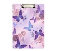 Acrylic Clipboard Purple Blue Butterflies Pastel Writing Clipboard for Teachers, Students, Nurses Travel Clipboards Low Profile Silver Clip Retractable Hanging Tab