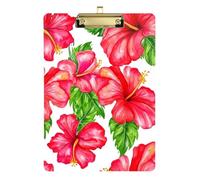 Acrylic Clipboard Red Hibiscus Flowers White Writing Board for Classrooms, Restaurants, School Wordpad Clipboards Standard Size Low Profile Gold Clip Retractable Hanging Tab