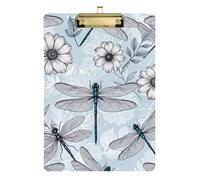 Acrylic Clipboard Retro Dragonfly Flower Blue Portable Clipboard Hanging Clipboards A4 Standard Size for Women Men Teachers Nurses, Low Profile Gold Clip Retractable Hanging Tab