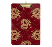 Acrylic Clipboard Retro Gold Chinese Dragon Red Writing Board Work Clipboard for Women Men Teachers Nurses, 12.5 x 9 Inches Gold Clip