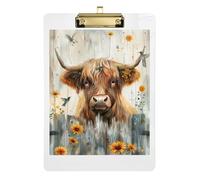 Acrylic Clipboard Rustic Highland Cow Sunflower Writing Clipboards A4 Standard Size Clip Boards for Teacher Student Lawyer Nurse, Low Profile Gold Clip Retractable Hanging Tab 12.5 x 9 Inches