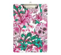 Acrylic Clipboard Sugar Skull Lillies Flowers Pink Writing Board for Nurses Teachers Coaches A4 Standard Size Clipboards Hardboard Low Profile Silver Clip Retractable Hanging Tab
