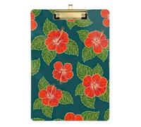 Acrylic Clipboard Tropical Hibiscus Floral Teal Cute Clipboard for Nurses Teachers Coaches Hardboard Clipboards Standard Size Low Profile Gold Clip Retractable Hanging Tab