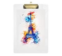 Acrylic Clipboard Watercolor Paris Tower Fashion Clipboards for Teachers, Students, Nurses Hanging Clipboards A4 Standard Size Low Profile Gold Clip Retractable Hanging Tab 12.5 x 9 Inches