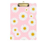 Acrylic Clipboard White Daisy Flowers Pink Fashion Clipboard Cute Decorative Letter Size Clipboards for Students, Women, Man, Low Profile Gold Clip Retractable Hanging Tab