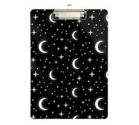Acrylic Clipboard White Moons Stars Solid Black Writing Clipboard Travel Clipboards for Women Men Teachers Nurses, Low Profile Silver Clip Retractable Hanging Tab