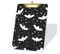 Acrylic Clipboard with Low Profile Gold Metal Clip, Halloween White Bats, A4 Letter Size 9 x 12.5 in - Waterproof Writing Surface, Ideal for Classroom & Office, Perfect for Teachers & Students