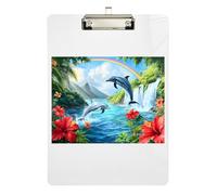 Acrylic Clipboards Cute Dolphins Red Tropical Flowers Cute Clip Board Wordpad Clipboards Standard Size for Women Men Office Supplies, Low Profile Silver Clip Retractable Hanging Tab 12.5 x 9 Inches