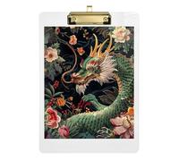 Acrylic Clipboards Green Dragon Vintage Flower Cute Clipboard for Students, Women, Man Letter Size Clipboards Low Profile Gold Clip Retractable Hanging Tab 12.5 x 9 Inches