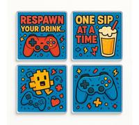 Acrylic Coaster Gift Set of 4 - Level Up Libations Game Room Decor for Gaming Lovers and Man Cave Enthusiasts