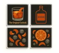 Acrylic Coaster Gift Set of 4 - Vintage Gentleman's Lounge Design - Old Fasioned Timeless Retro Home Bar Decor for Classic Cocktail Lovers
