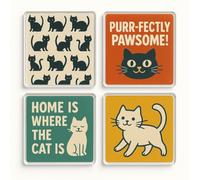 Acrylic Coaster Gift Set of 4 with 50s Retro Cat Designs - Whimsical Pet Lover Home Decor for Cat Mum's Delight