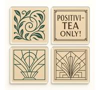 Acrylic Coaster Gift Set of 4 with Art Deco Tea Lover Designs - Elegant Humorous Home Decor for Millennial Gifts