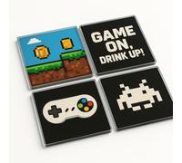 Acrylic Coaster Gift Set of 4 with Bold Pixel Art - Playful Man Cave Decor for Gamers' Drinks